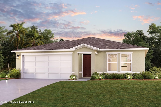 1134 Rabbit St SE, Palm Bay, FL 32909 - ranch-style house featuring concrete driveway, a yard, a garage, and stucco siding