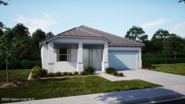 777 Clearwater Ave, Satellite Beach, FL 32937 - single story home with concrete driveway, a garage, a front yard, a standing seam roof, and stucco siding