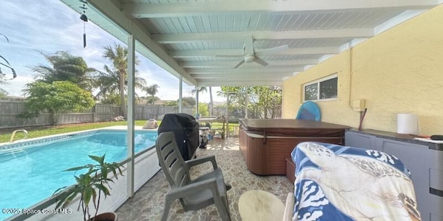 699 Bimini Rd, Satellite Beach, FL 32937 - sunroom / solarium featuring a hot tub, a ceiling fan, and beamed ceiling