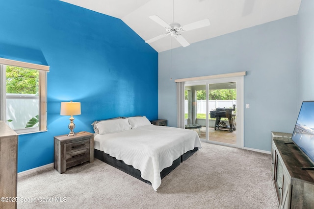 878 Croton Rd, Rockledge, FL 32955 - carpeted bedroom with access to exterior, high vaulted ceiling, and ceiling fan