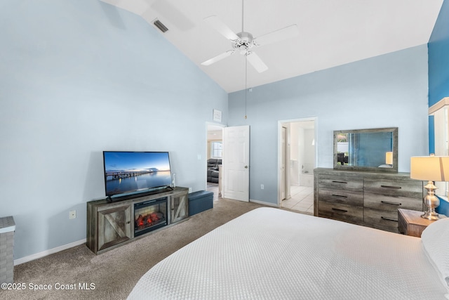 878 Croton Rd, Rockledge, FL 32955 - carpeted bedroom with high vaulted ceiling, a ceiling fan, and ensuite bathroom