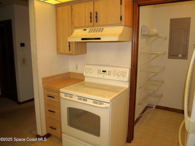 9020 York Ln Unit C, West Melbourne, FL 32904 - kitchen with white electric range, premium range hood, electric panel, and light countertops