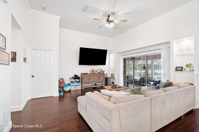405 Lake View Ln, Grant-Valkaria, FL 32909 - living area featuring dark wood-style floors, a ceiling fan, and ornamental molding