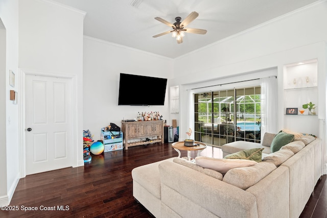 405 Lake View Ln, Grant-Valkaria, FL 32909 - living room featuring dark wood finished floors, ceiling fan, and ornamental molding