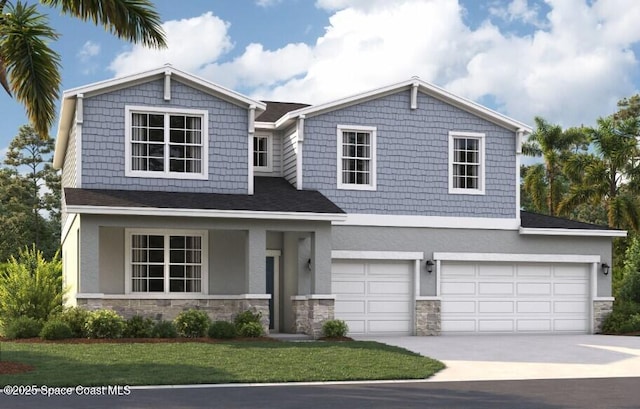 3265 Viridian Cir, West Melbourne, FL 32904 - view of front of property featuring stone siding, an attached garage, stucco siding, concrete driveway, and a front lawn