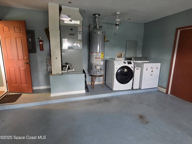 744 John Carroll Ln, Melbourne, FL 32904 - laundry room with gas water heater, washer and clothes dryer, ceiling fan, electric panel, and heating unit