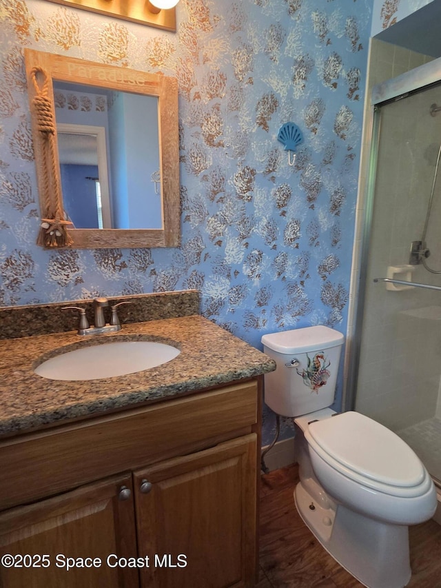 744 John Carroll Ln, Melbourne, FL 32904 - full bath with vanity, wallpapered walls, and a stall shower