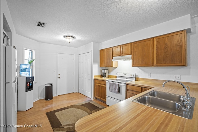 3375 Bryce St, Cocoa, FL 32926 - kitchen featuring white appliances, brown cabinetry, light wood-style floors, light countertops, and a textured ceiling