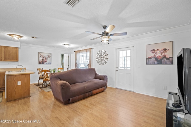 3375 Bryce St, Cocoa, FL 32926 - living room featuring a textured ceiling, light wood finished floors, ceiling fan, and crown molding