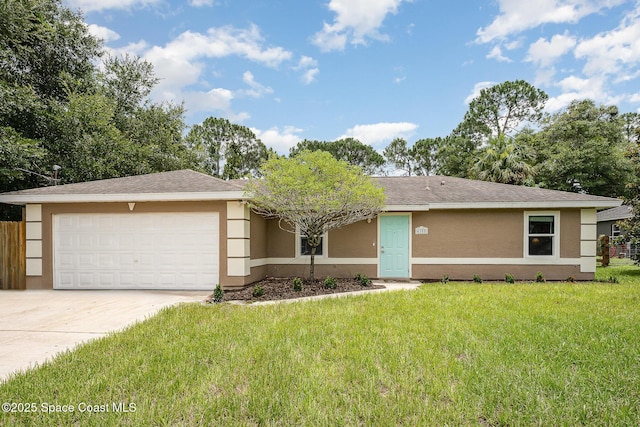 6355 Betty Ave, Cocoa, FL 32927 - ranch-style house featuring stucco siding, driveway, a garage, and roof with shingles