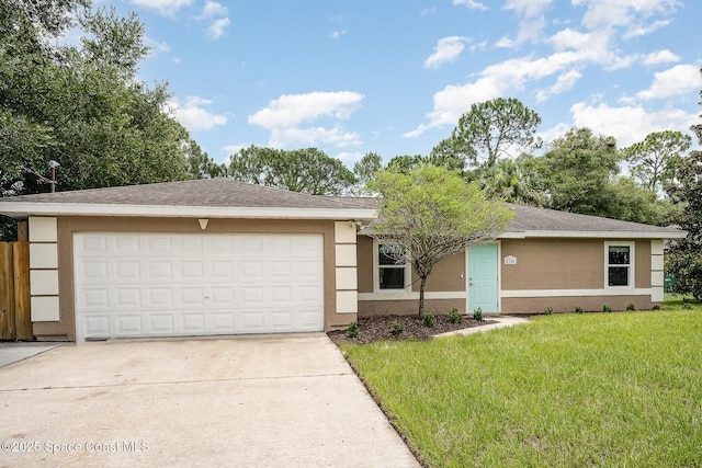 6355 Betty Ave, Cocoa, FL 32927 - ranch-style home featuring stucco siding, concrete driveway, a front lawn, roof with shingles, and an attached garage