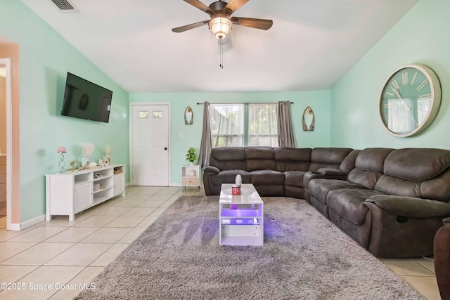 542 Troy Rd SW, Palm Bay, FL 32908 - living room featuring light tile patterned floors, ceiling fan, and lofted ceiling