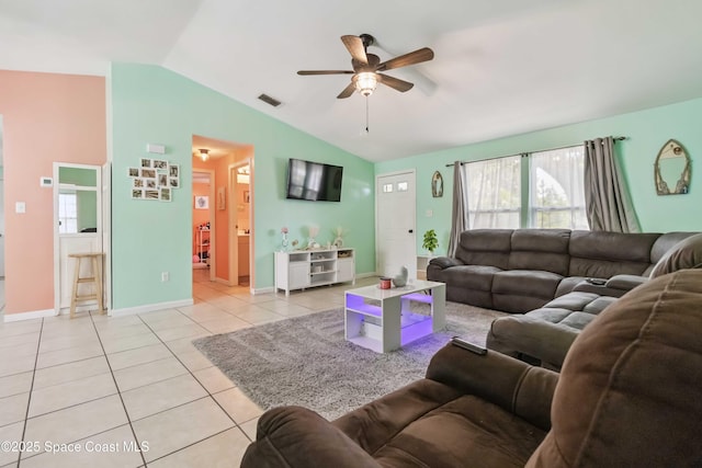 542 Troy Rd SW, Palm Bay, FL 32908 - living room featuring vaulted ceiling, a ceiling fan, and light tile patterned flooring