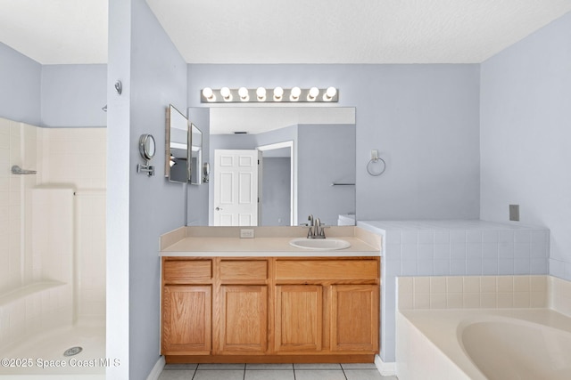 1493 Laramie Cir, Melbourne, FL 32940 - bathroom featuring a garden tub, vanity, tiled shower, and tile patterned floors