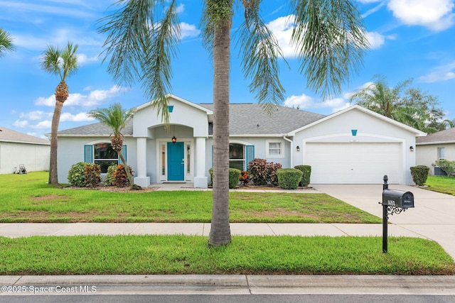 1493 Laramie Cir, Melbourne, FL 32940 - ranch-style home featuring concrete driveway, stucco siding, a garage, and a front lawn