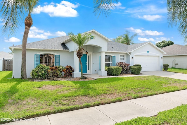 1493 Laramie Cir, Melbourne, FL 32940 - ranch-style house featuring stucco siding, concrete driveway, a garage, and a front yard