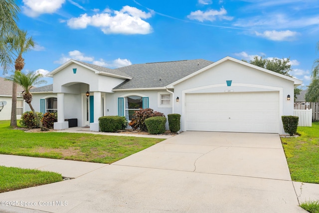 1493 Laramie Cir, Melbourne, FL 32940 - ranch-style house with stucco siding, a garage, concrete driveway, a front lawn, and roof with shingles