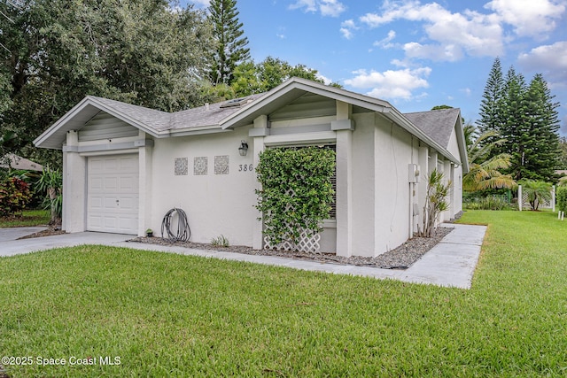 386 Myrtlewood Rd, Melbourne, FL 32940 - view of side of home featuring a garage, a lawn, a shingled roof, stucco siding, and driveway