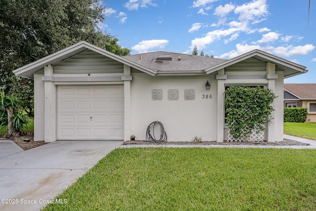 386 Myrtlewood Rd, Melbourne, FL 32940 - ranch-style house featuring stucco siding, a front yard, a garage, concrete driveway, and roof with shingles