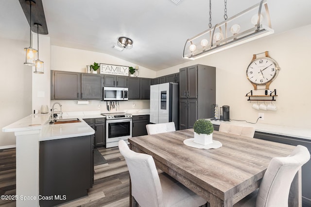 1519 Bronco Dr, Melbourne, FL 32940 - kitchen with stainless steel appliances, lofted ceiling, wood finished floors, light countertops, and hanging light fixtures