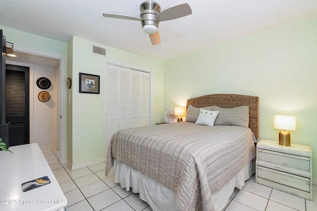 5600 N Banana River Blvd Unit 14, Cocoa Beach, FL 32931 - bedroom featuring light tile patterned flooring, a closet, and a ceiling fan