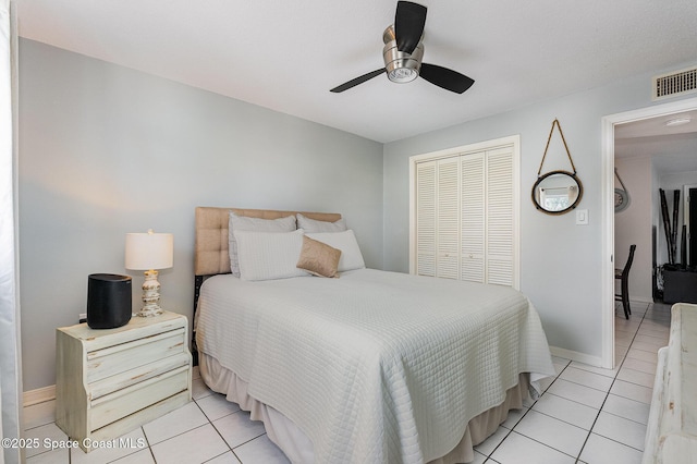 5600 N Banana River Blvd Unit 14, Cocoa Beach, FL 32931 - bedroom featuring light tile patterned floors, a closet, and a ceiling fan
