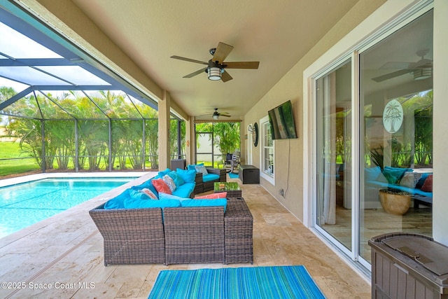 5337 Indigo Crossing Dr, Rockledge, FL 32955 - outdoor pool with outdoor lounge area, ceiling fan, a patio, and glass enclosure
