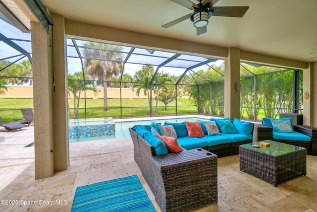 5337 Indigo Crossing Dr, Rockledge, FL 32955 - view of patio / terrace with glass enclosure, a ceiling fan, an outdoor pool, and outdoor lounge area