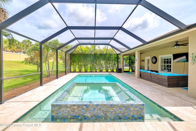 5337 Indigo Crossing Dr, Rockledge, FL 32955 - view of swimming pool with a yard, ceiling fan, a patio, and a pool with connected hot tub