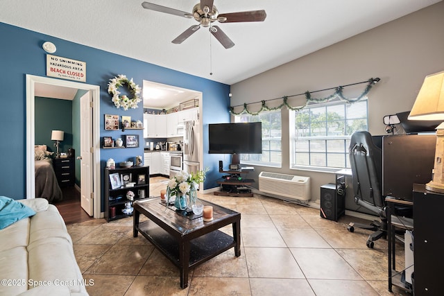 113 Surf Dr, Cocoa Beach, FL 32931 - living room featuring ceiling fan, an AC wall unit, and lofted ceiling