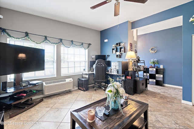 113 Surf Dr, Cocoa Beach, FL 32931 - living room with an office area, a ceiling fan, healthy amount of natural light, and a wall mounted AC