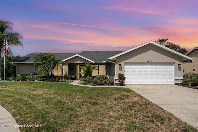 1453 Goldrush Ave, Melbourne, FL 32940 - single story home with an attached garage, a lawn, concrete driveway, and stucco siding