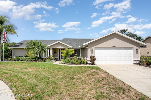 1453 Goldrush Ave, Melbourne, FL 32940 - single story home with a front lawn, an attached garage, driveway, and stucco siding
