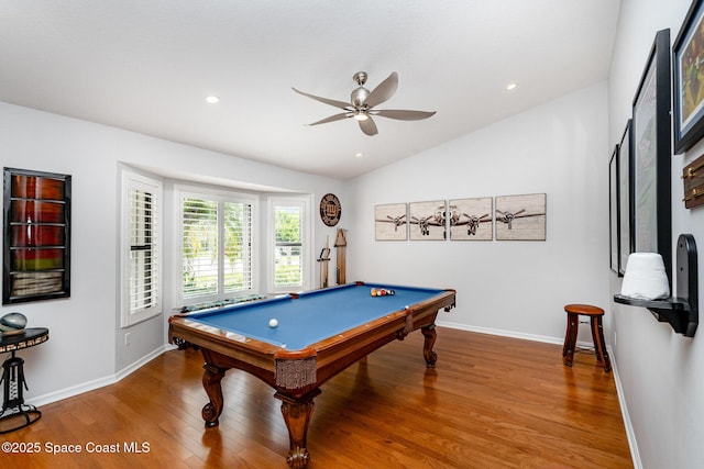 1453 Goldrush Ave, Melbourne, FL 32940 - playroom with pool table, lofted ceiling, wood finished floors, a ceiling fan, and recessed lighting