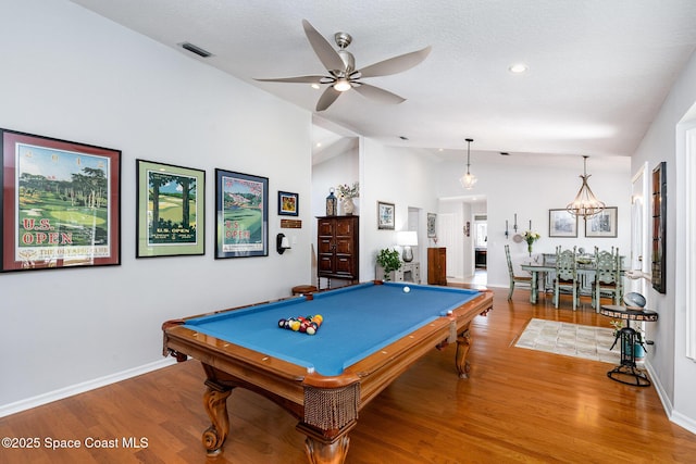 1453 Goldrush Ave, Melbourne, FL 32940 - rec room with vaulted ceiling, pool table, wood finished floors, a ceiling fan, and recessed lighting