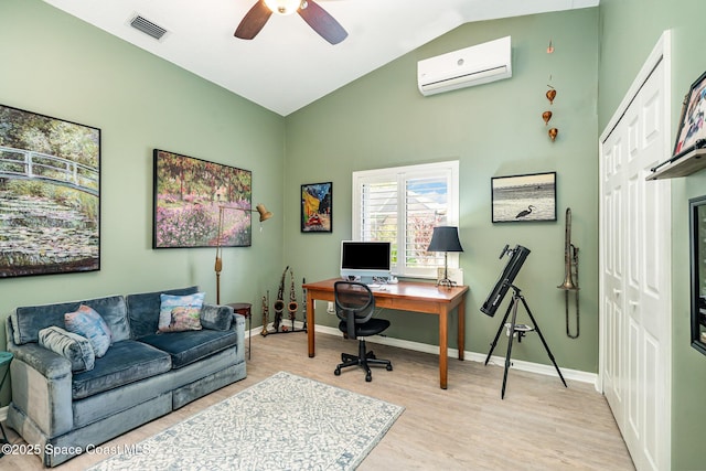 1453 Goldrush Ave, Melbourne, FL 32940 - office area featuring a wall mounted AC, light wood-style floors, a ceiling fan, and high vaulted ceiling