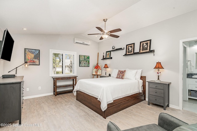 1453 Goldrush Ave, Melbourne, FL 32940 - bedroom featuring light wood finished floors, a wall unit AC, vaulted ceiling, connected bathroom, and a ceiling fan