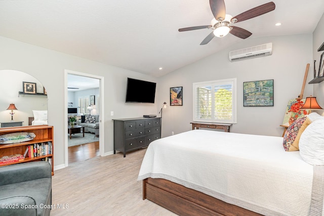 1453 Goldrush Ave, Melbourne, FL 32940 - bedroom featuring an AC wall unit, light wood-type flooring, lofted ceiling, recessed lighting, and a ceiling fan