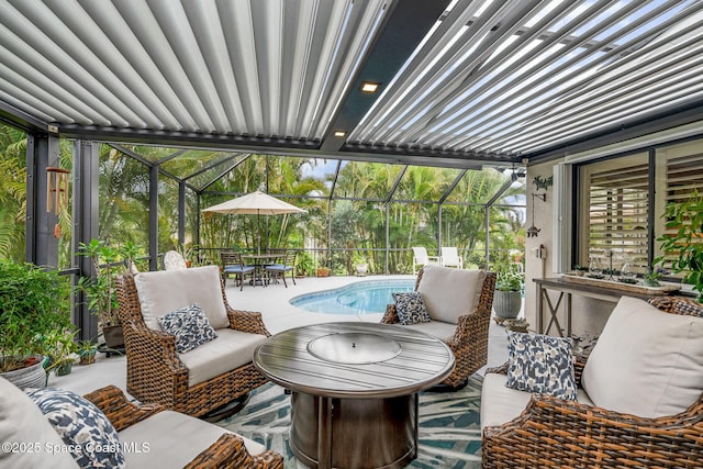 1453 Goldrush Ave, Melbourne, FL 32940 - view of patio featuring an outdoor living space, outdoor dining area, an outdoor pool, and glass enclosure