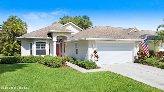 4490 Portage Trl, Melbourne, FL 32940 - single story home with stucco siding, a garage, a front lawn, concrete driveway, and roof with shingles