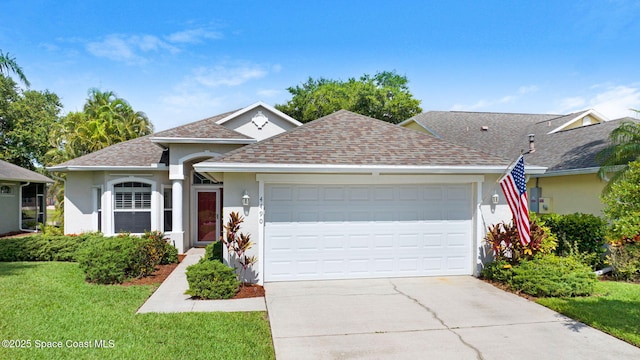 4490 Portage Trl, Melbourne, FL 32940 - view of front of home with stucco siding, a garage, concrete driveway, and a shingled roof