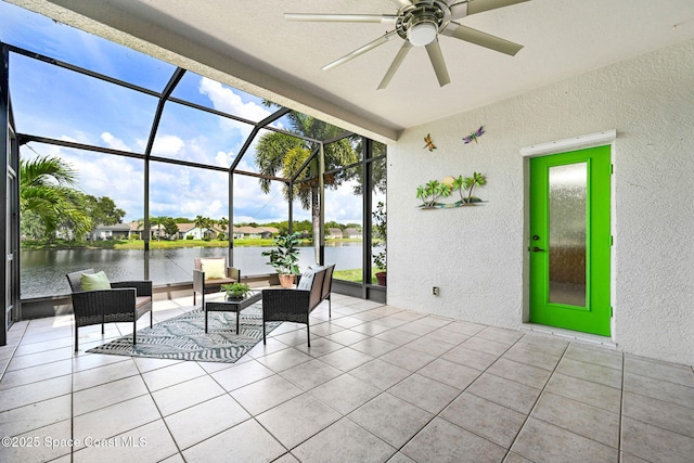 4490 Portage Trl, Melbourne, FL 32940 - view of patio featuring a water view, ceiling fan, a lanai, and outdoor lounge area