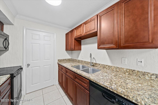 2190 Forest Knoll Dr NE Unit 90-104, Palm Bay, FL 32905 - kitchen with black appliances, crown molding, light stone counters, and light tile patterned flooring