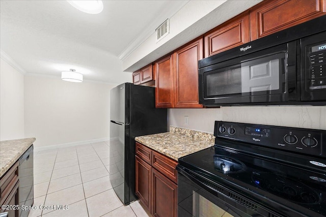 2190 Forest Knoll Dr NE Unit 90-104, Palm Bay, FL 32905 - kitchen with black appliances, ornamental molding, light tile patterned flooring, and light stone countertops