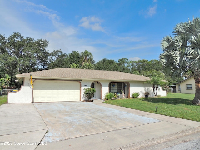 1368 Gleneagles Way, Rockledge, FL 32955 - ranch-style house featuring a front yard, driveway, a garage, and stucco siding