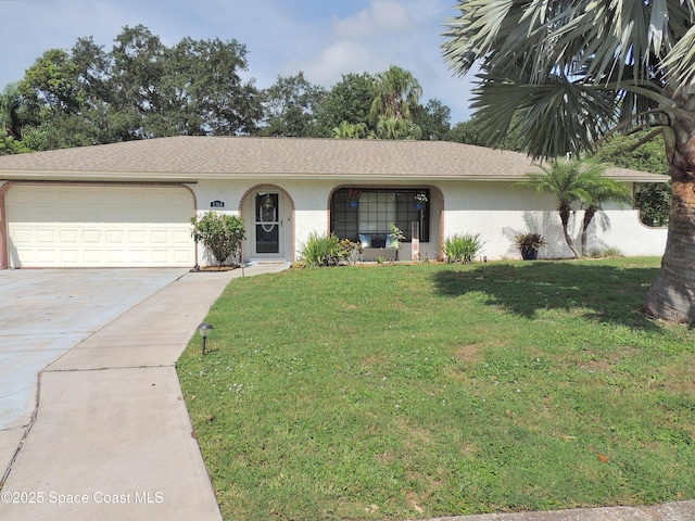 1368 Gleneagles Way, Rockledge, FL 32955 - ranch-style home featuring stucco siding, concrete driveway, a front lawn, a garage, and a shingled roof
