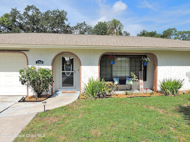 1368 Gleneagles Way, Rockledge, FL 32955 - ranch-style home with stucco siding, a front lawn, and a garage