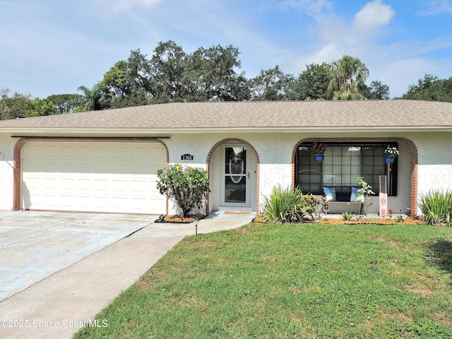1368 Gleneagles Way, Rockledge, FL 32955 - ranch-style home featuring stucco siding, driveway, a front lawn, an attached garage, and a shingled roof