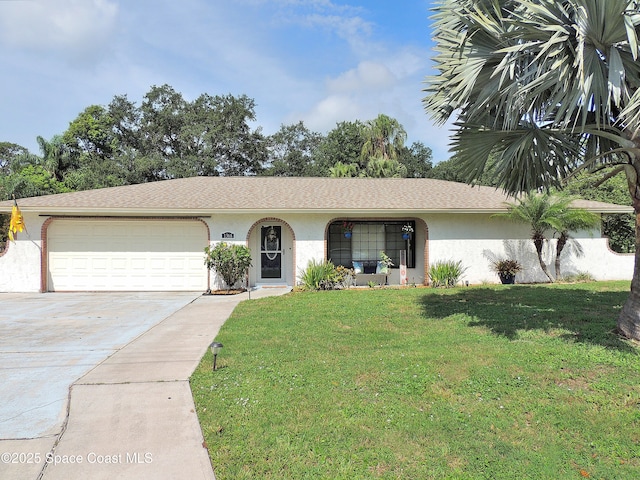 1368 Gleneagles Way, Rockledge, FL 32955 - ranch-style house featuring stucco siding, concrete driveway, a front yard, and a garage
