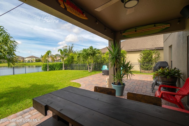 739 Fiddleleaf Cir, Melbourne, FL 32904 - fenced backyard with a water view, a patio area, and ceiling fan
